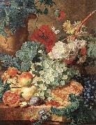 Jan van Huijsum, Still life with flowers and fruit.